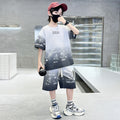 Boys' summer outfit set,  new summer collection, mid-to-large children's lightweight short-sleeve clothing, trendy, cool, and street-style ready