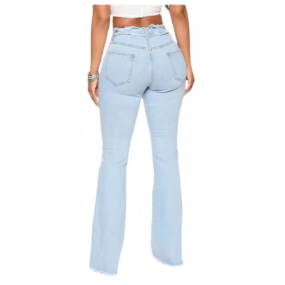 Export raw edge jeans for women, hot-selling european and american raw edge stretch jeans, plus size washed bearded women's jeans