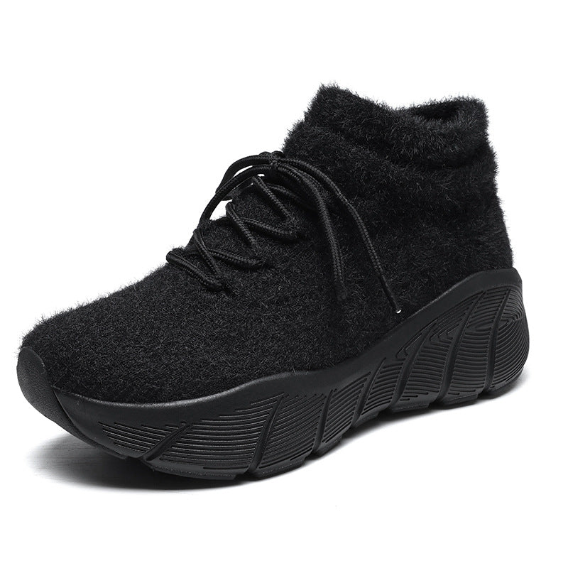 2025 autumn and winter new women's thick line versatile thick sole heightening comfortable stacking fleece casual shoes warm single shoes