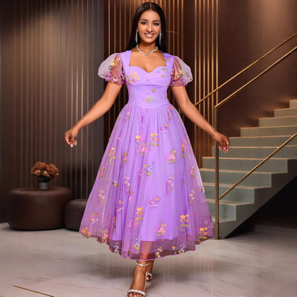 Summer French square collar sexy bubble sleeve dress, mesh flower embroidery romantic banquet evening dress dress