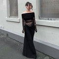 autumn/winter european and american style cross-border women's fashion one-shoulder long sleeve cropped mesh panel bodycon dress