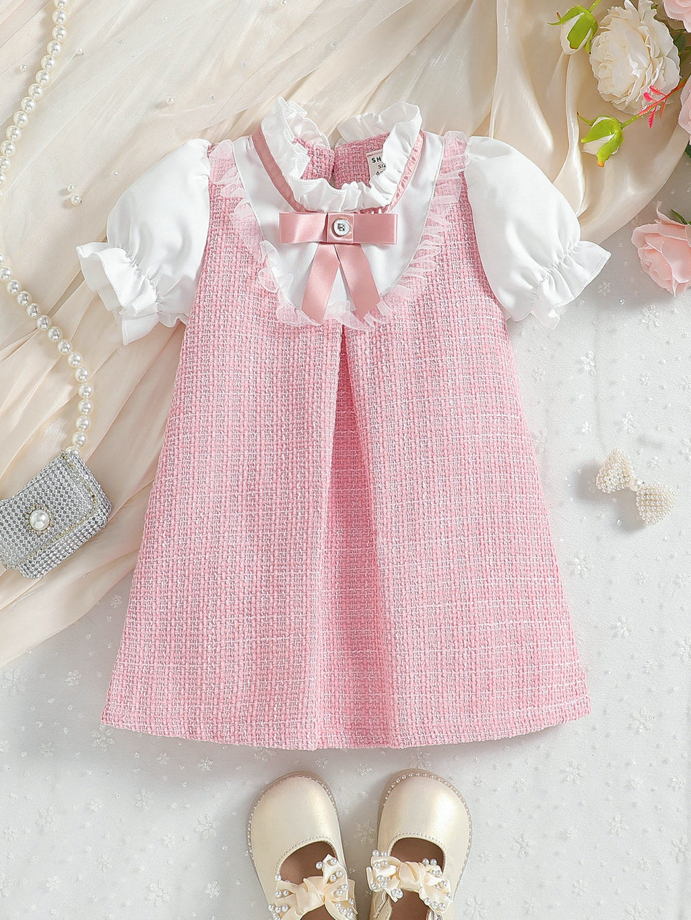 cross-border hot-selling lace bow preppy chic baby girl faux two-piece chanel-inspired princess dress