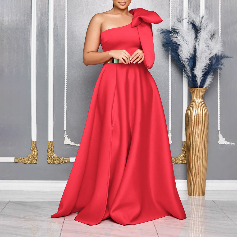 C8613exportfashion summer new arrivalelegantfashion oblique shoulder bow banquet dress long skirt african dress