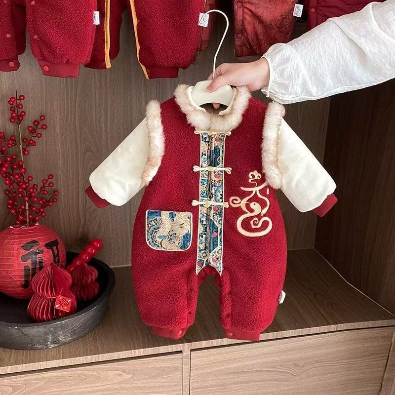 New year's outfit winter newborn infant baby new year's greeting clothes winter onesie outerwear romper trendy crawling suit