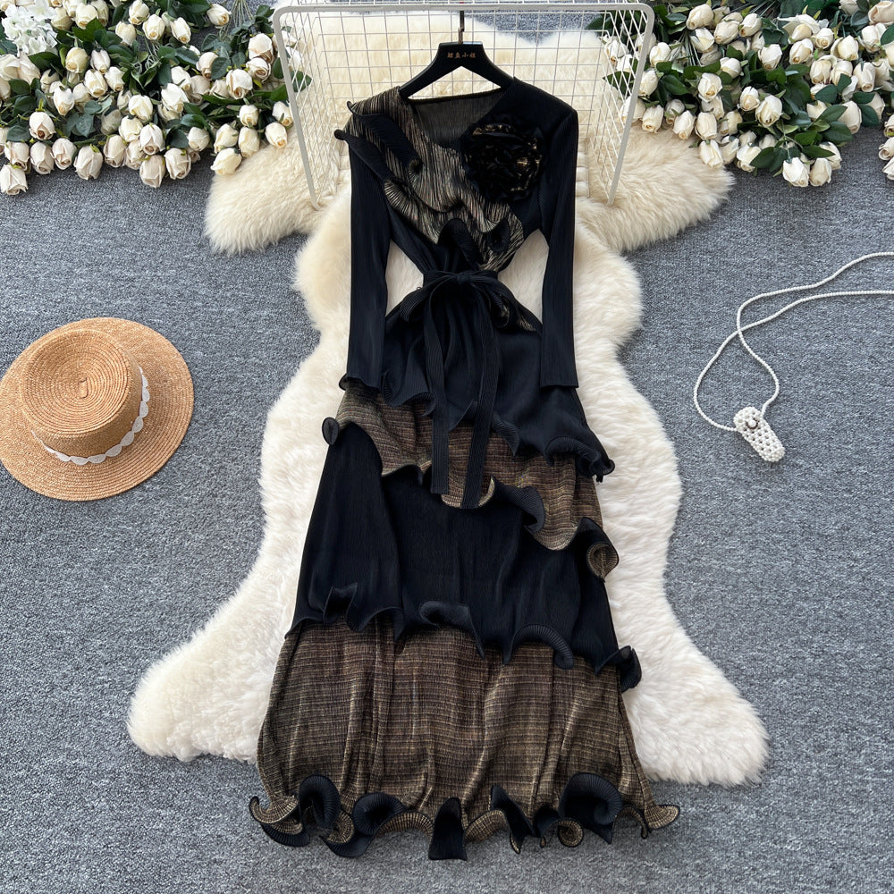 Miya european and american dress women's autumn  new fashion three-dimensional flower strap waist fungus long skirt
