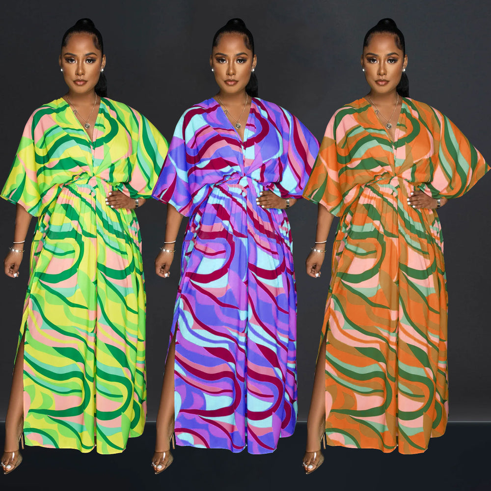 X6615 cross-border   fashion women's v-neck vintage print slit maxi dress