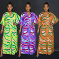 X6615 cross-border   fashion women's v-neck vintage print slit maxi dress