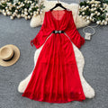 French chic diamond-embellished v-neck batwing sleeve tie-waist maxi dress - slimming, elegant, and flowy chiffon