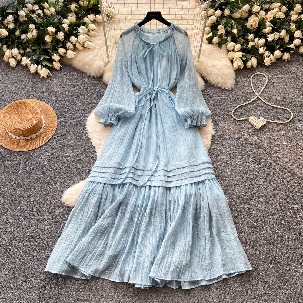 French sweet style lantern sleeve dress - women's spring korean style tie-waist slimming a-line elegant long dress - pink