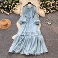 French sweet style lantern sleeve dress - women's spring korean style tie-waist slimming a-line elegant long dress - pink
