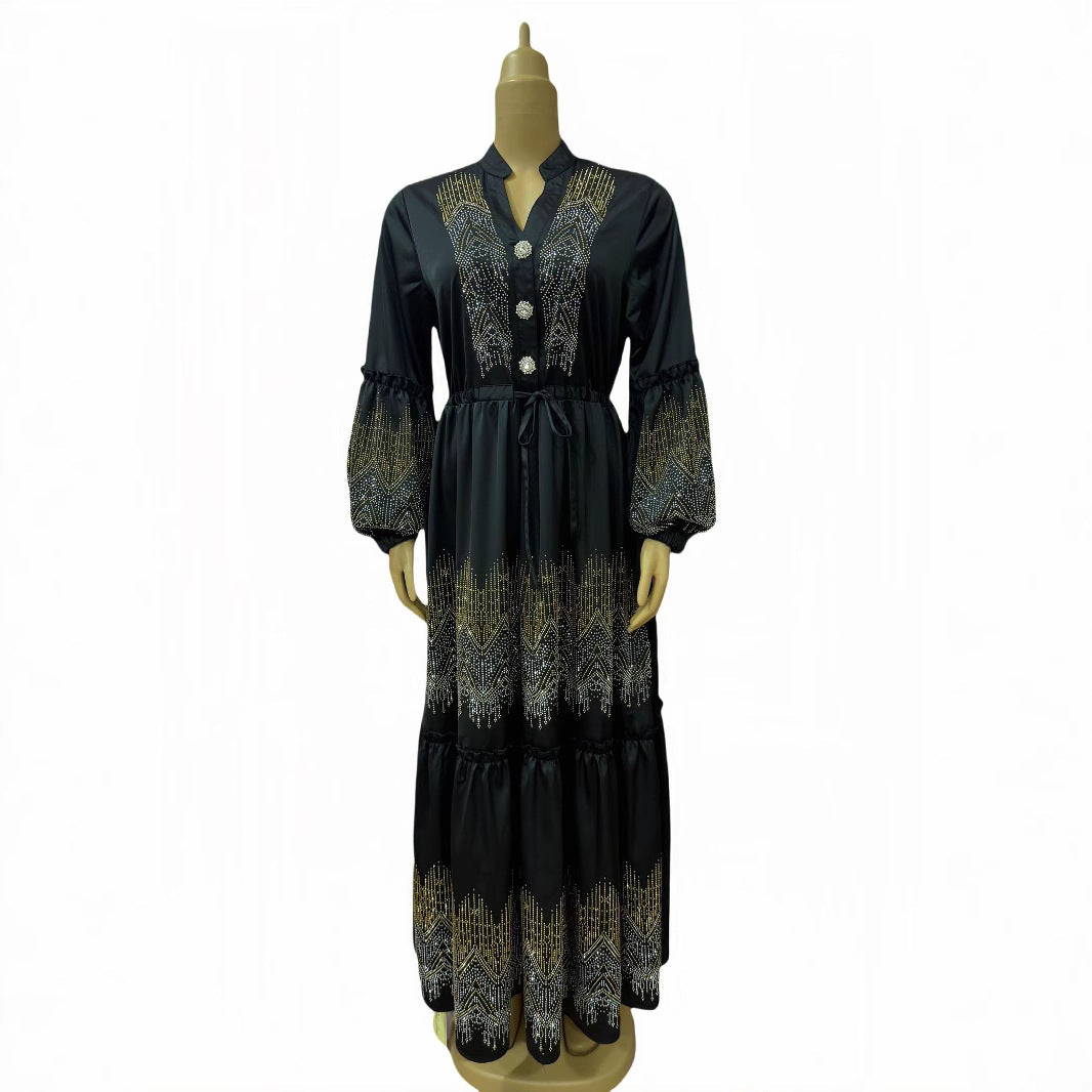 Cross-border Middle East women's clothing new color matching hot diamond craftsmanship exquisite crystal buckle cardigan large size Muslim robe dress