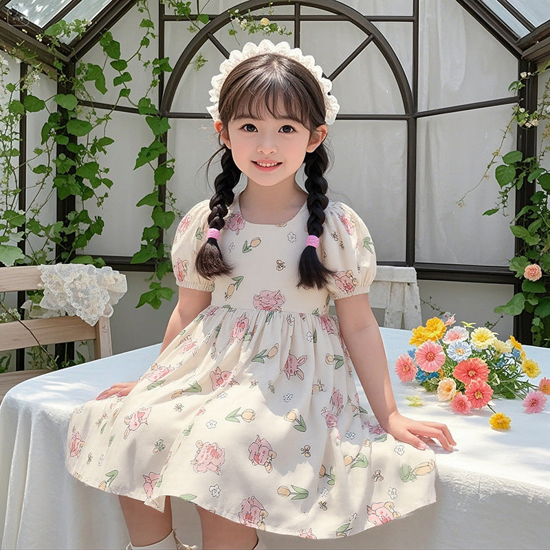 Girls' summer floral dress - trendy bubble sleeve sundress for kids - stylish cartoon print dress