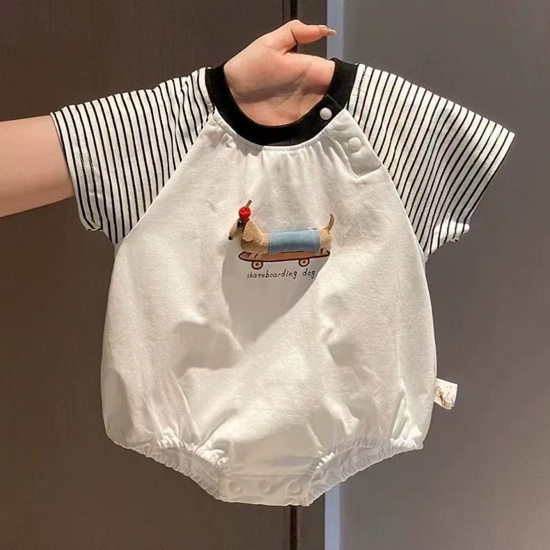 Summer jumpsuit short-sleeved stripes baby clothes full moon style khaki cartoon outing triangle bag butt clothes crawling suit