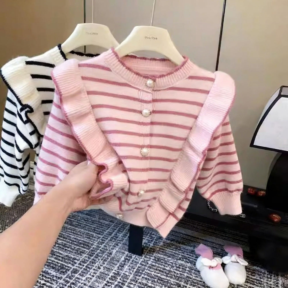 Girls' knitted cardigan - new autumn/winter collection: stylish and trendy top for girls, korean style striped sweater jacket for kids and babies
