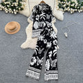 Bohemian style printed short-sleeve polo shirt + elastic waist wide-leg slimming straight-leg pants power suit