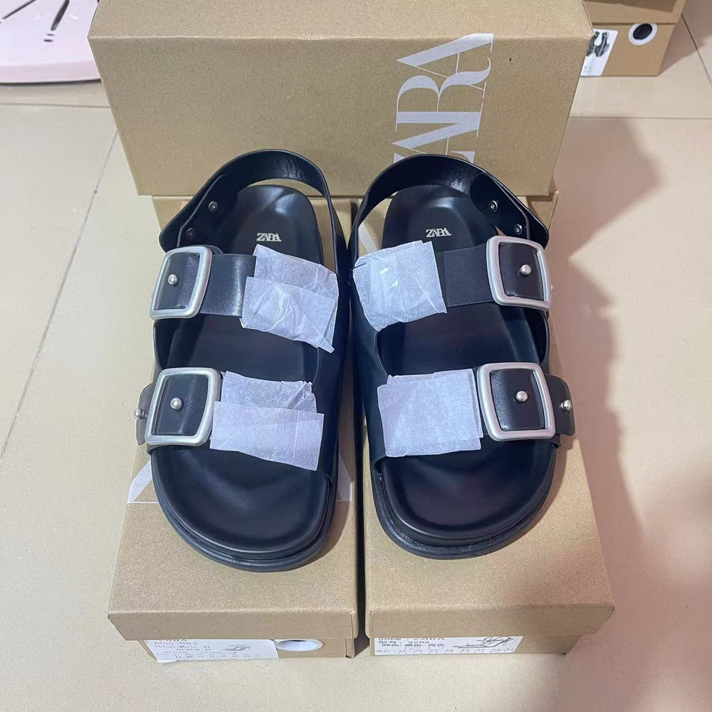 Za2024 autumn new arrivals: women's european & american fashion sandals - black studded flat leather sandals for outdoor wear
