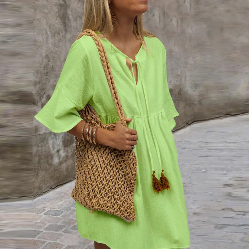cross-border hot selling european and american v-neck tie-up loose minimalist short-sleeve dress - in stock