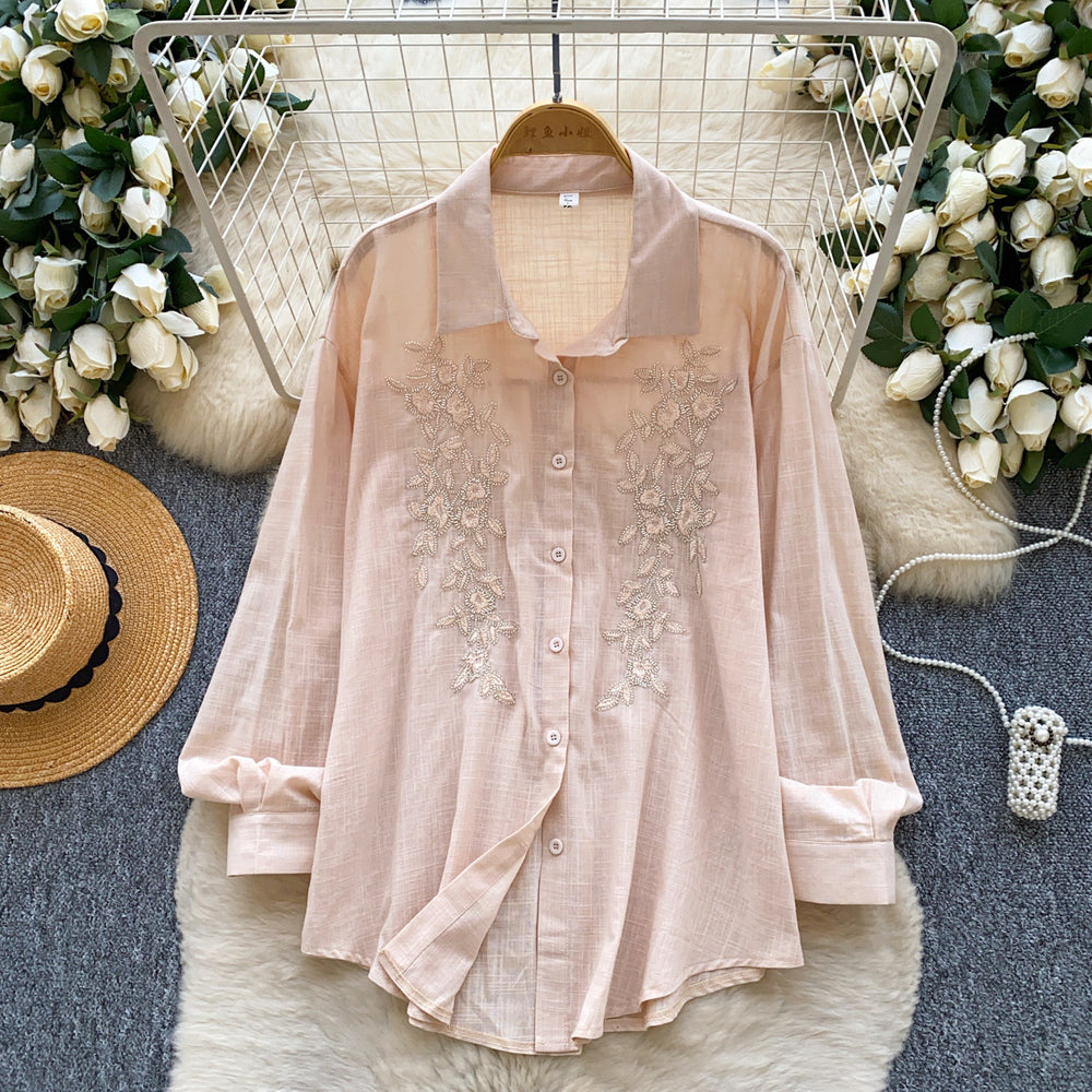 French-style heavy embroidery & rhinestone embellished versatile shirt - women's spring/summer long sleeve loose fit cardigan - commute-friendly all-match top