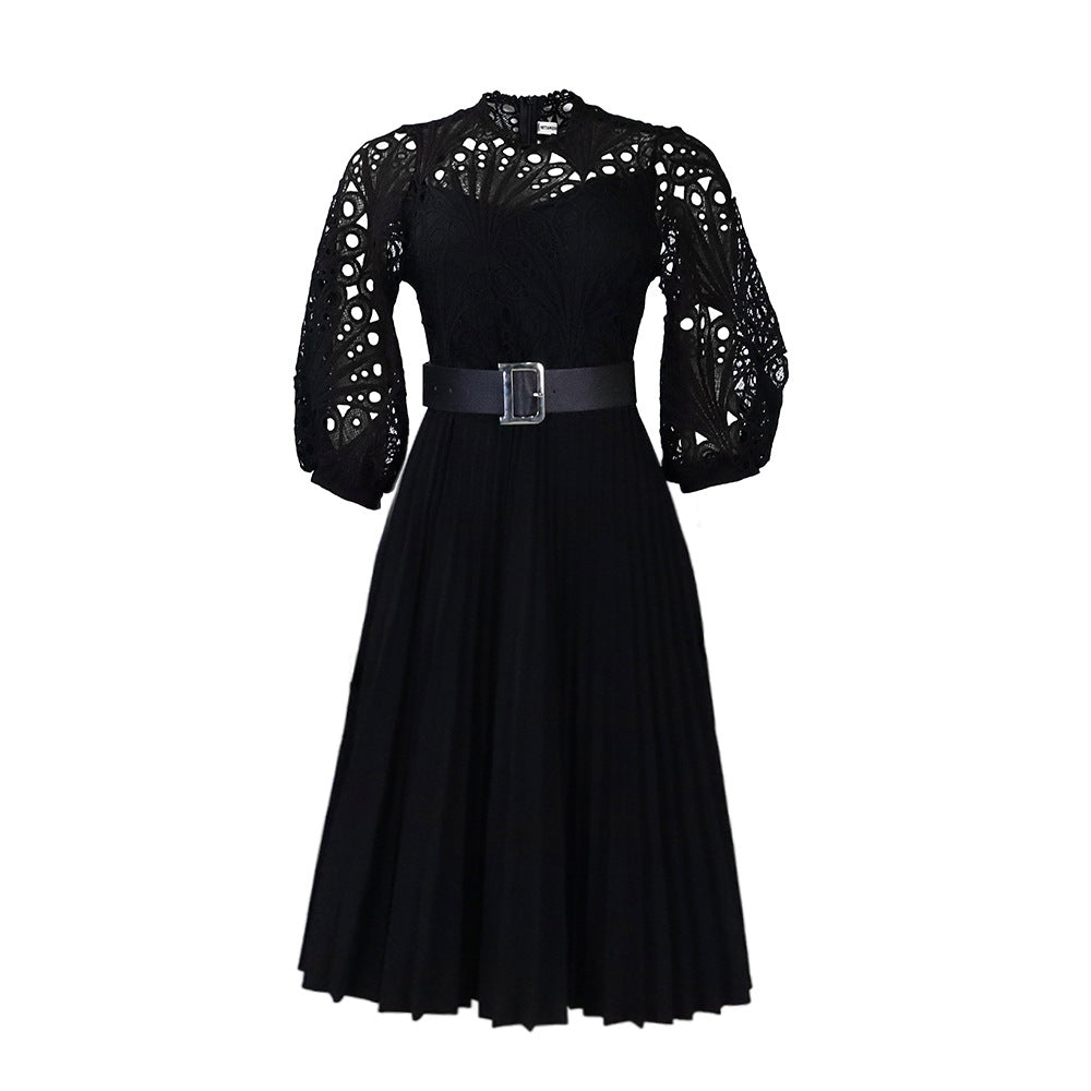 Amazon foreign trade women's clothing  new lace crochet sexy hollow-out pleated patchwork cross-border fashion dress