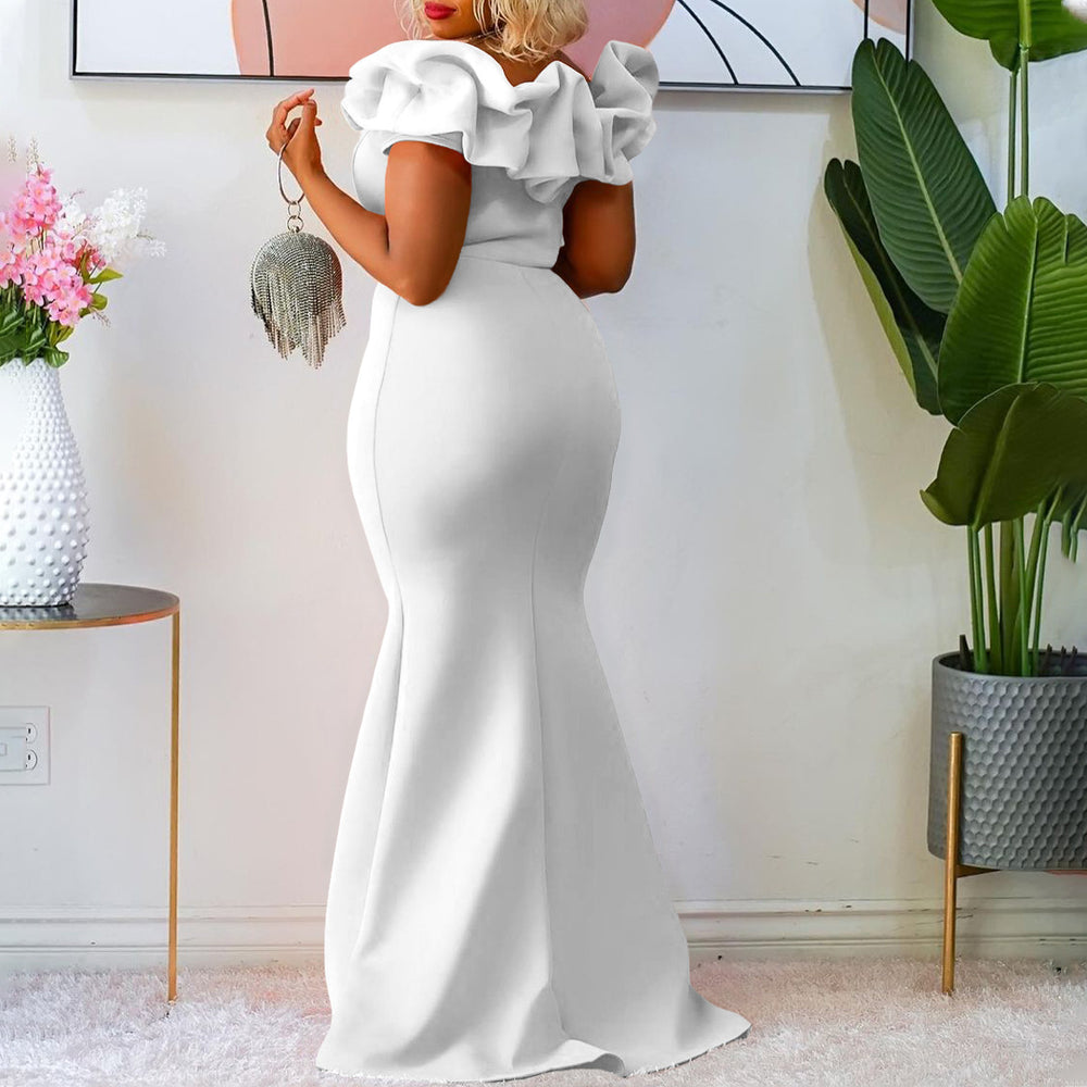 D3192 european and american cross-border women's fashion  new solid color mermaid dress with ruffle trim, slim-fit evening gown, african maxi dress