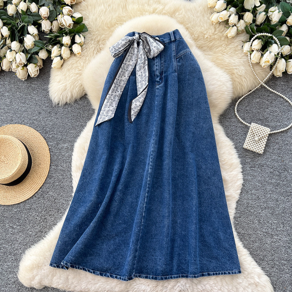 K-styleretroartsy silk scarf denimcasual skirt women's springhigh waistslimming looka-line long skirtwork clothinghong kong style