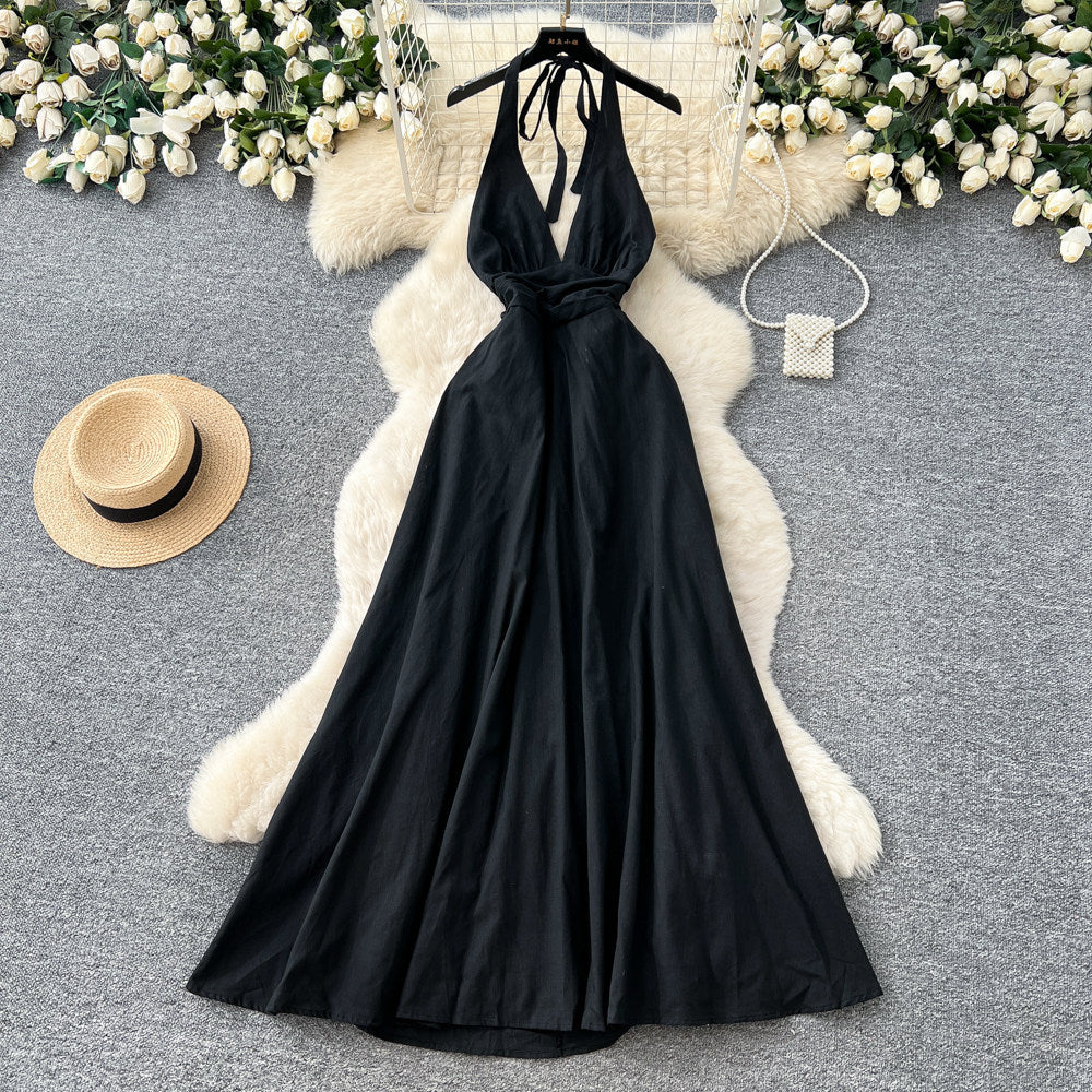 Vacation style halter pure desire dress women's spring and summer yellow a-line skirt high waist waist atmosphere fairy skirt