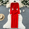 Export french tweed styleelegancecontrast color lapel buttons waist slim elegant slit over-the-knee knittingdress