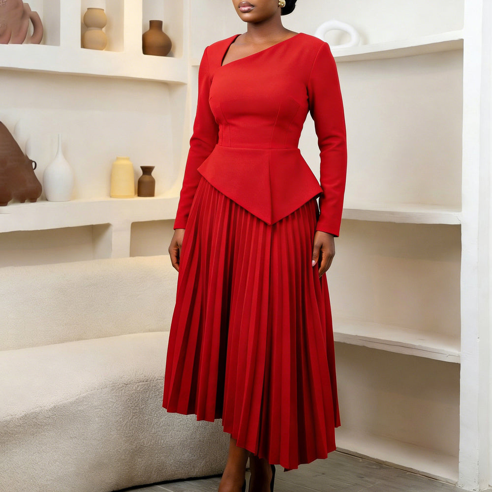 D617 european and american cross-border women's clothing  spring new arrival: elegant asymmetrical neck high-waisted midi dress for export