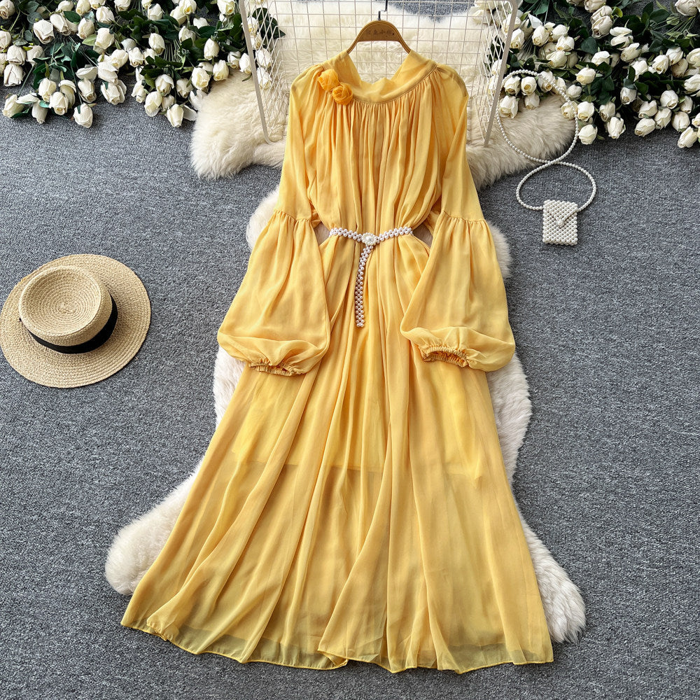 French heavy industry lantern sleeve silm dress for women k-style purple tie back waist a-line long skirt work clothingelegant