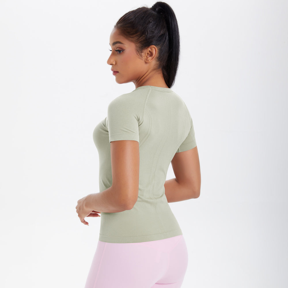 Spring/summer new one-piece knit short-sleeve crew neck sports t-shirt - running, fitness, slim-fit, breathable yoga top for women