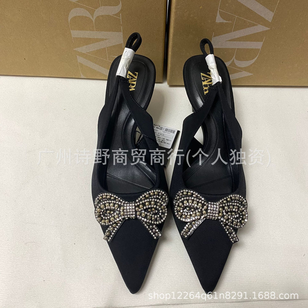 Za2022new arrival sandals women's high heels pointed toe back strap bows rhinestone chain bright decoration stiletto flats women's shoes