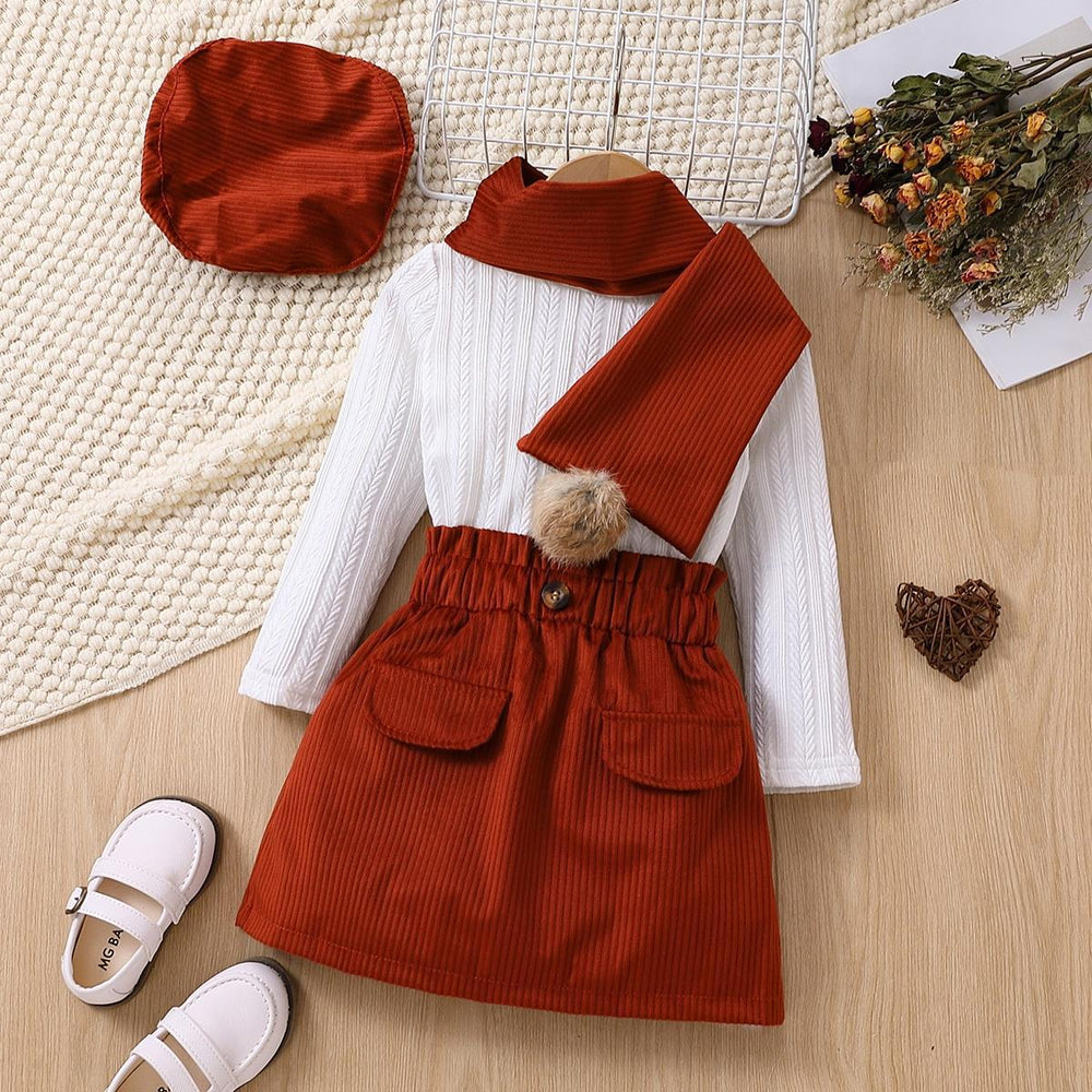 European and american cross-border children's fashion long-sleeved dress set with pom-pom scarf + beret 4-piece outfit