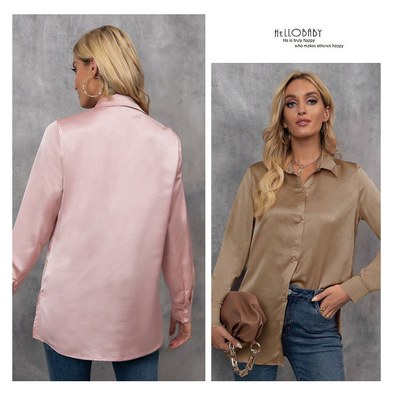 European and american chic satin long-sleeve blouse - new spring/summer solid color loose fit faux silk satin top
