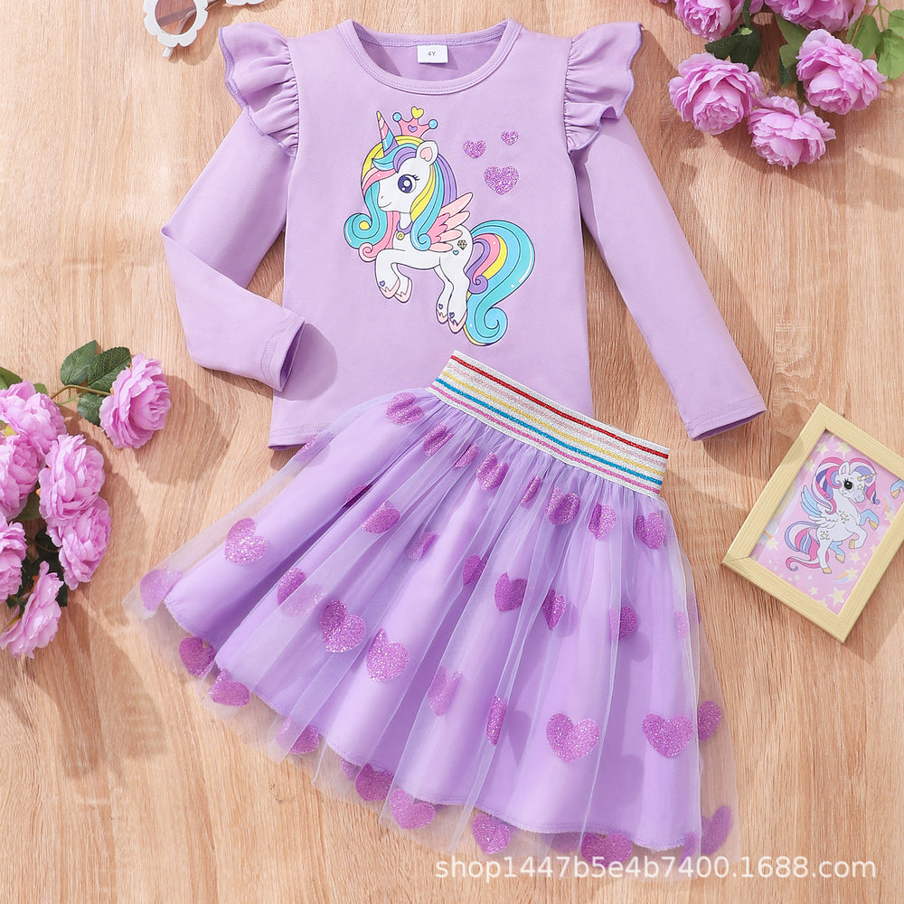 New girls' long-sleeve crewneck unicorn top + mesh heart skirt set