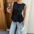 summer new arrival: sleeveless tank top with bow detail, cinched waist, slimming fit, and ruffle hem – a flattering and chic top