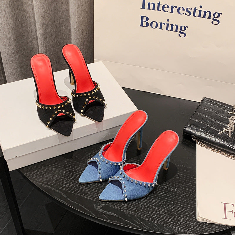 Women's high heels, sizes 35-42, 2025 new european and american style, roman sexy studded denim stiletto fashion sandals and slippers