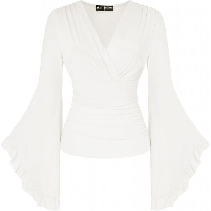 Amazon fashion pure desire v neck bell sleeve shirt  spring new style wrapped casual ruffle tops