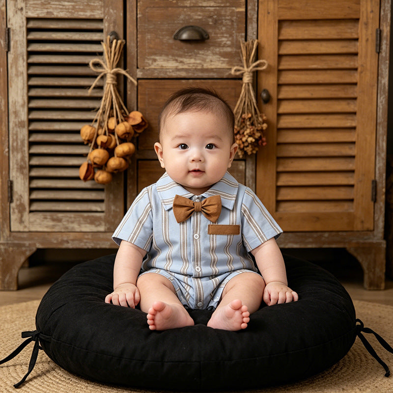 Newborn summer outfit: striped short-sleeve romper for baby boys - perfect for first birthday celebrations, 100-day milestone photoshoots, and stylish summer wear
