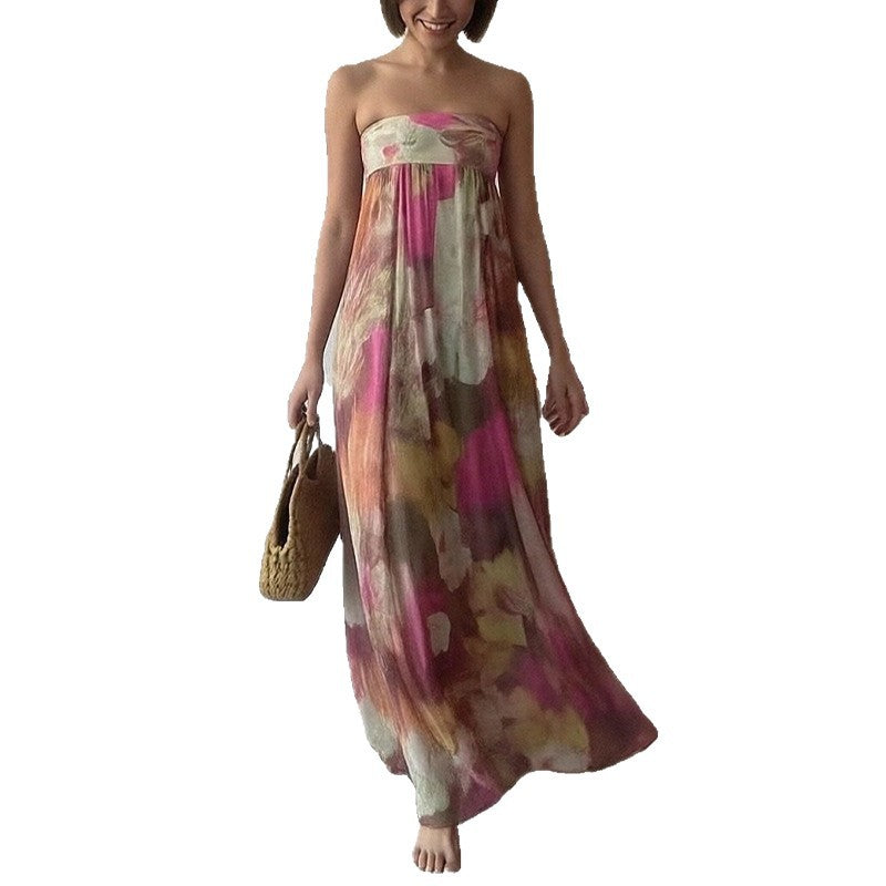 women's summer dress - european and american export fashion, trendy vacation style printed bandeau backless dress