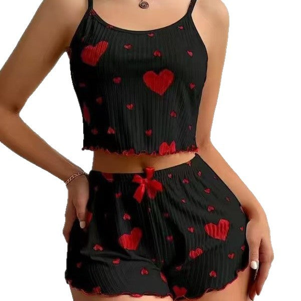 European and american export hot-selling ribbed knit heart print sweet cami and shorts two-piece set lingerie sleepwear