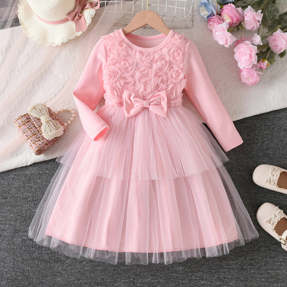 girls' dress - pink floral bow long sleeve tulle princess tutu dress - autumn children's skirt