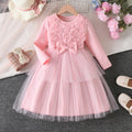 girls' dress - pink floral bow long sleeve tulle princess tutu dress - autumn children's skirt