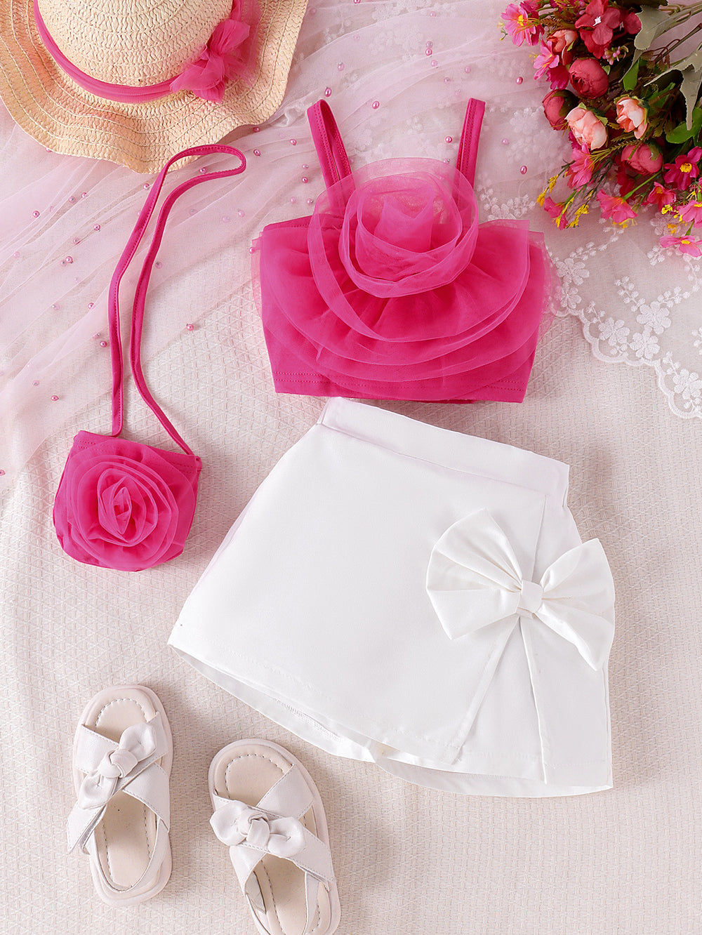 Kids clothing cross-border exclusive for european and american girls new arrival children's suspender tops+shorts+bag suit