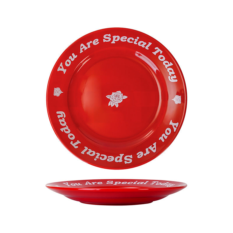 Rose red ceramic plate - new arrival: high-style dessert plate, steak plate, plating plate, home tableware, holiday gift box set