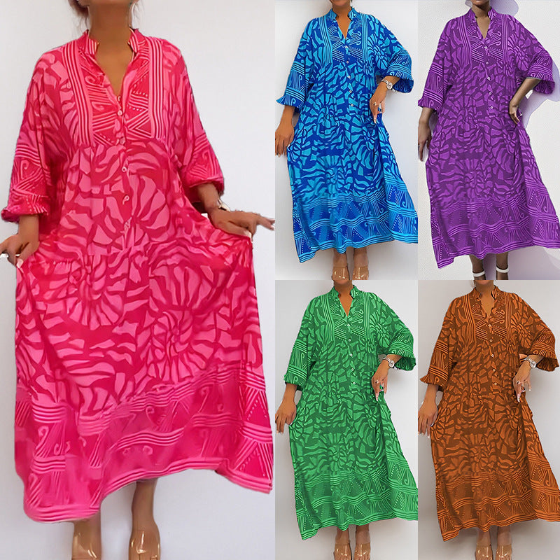 cross-border e-commerce women's fashion: european and american summer new arrivals - stylish v-neck printed loose plus size maxi dress