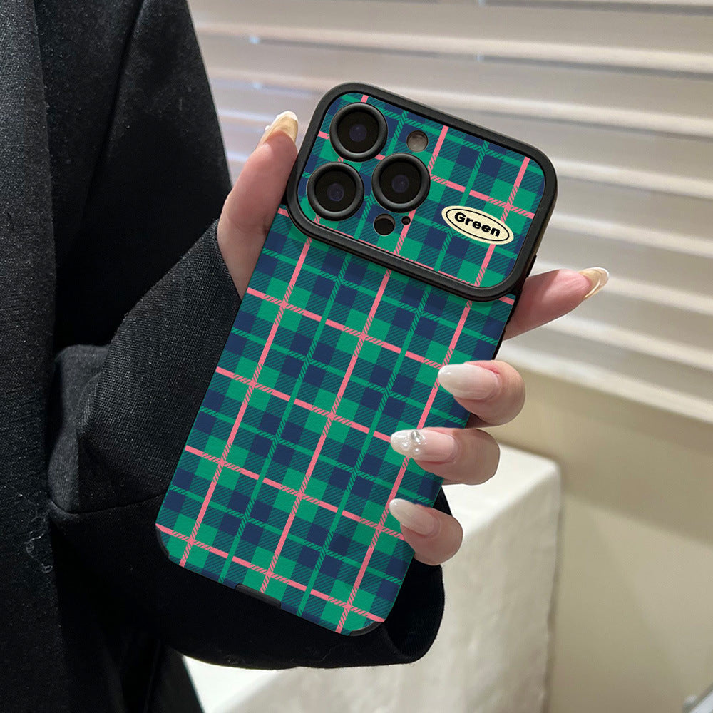 Ins british style grids phone case suitable for iphone16/15 anti-fall 17promax green and pink contrasting color soft case