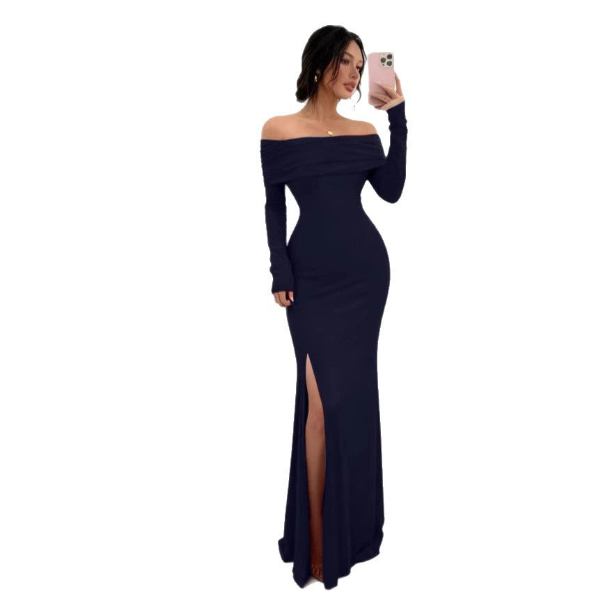 new autumn cross-border long-sleeve slit one-shoulder fashionable slim-fit elegant socialite sexy bodycon dress