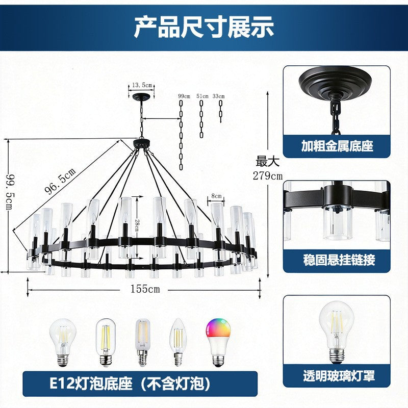 American industrial double-layer ring personalized chandelier house high-ceiling living room multi-head iron chandelier hotel engineering chandelier