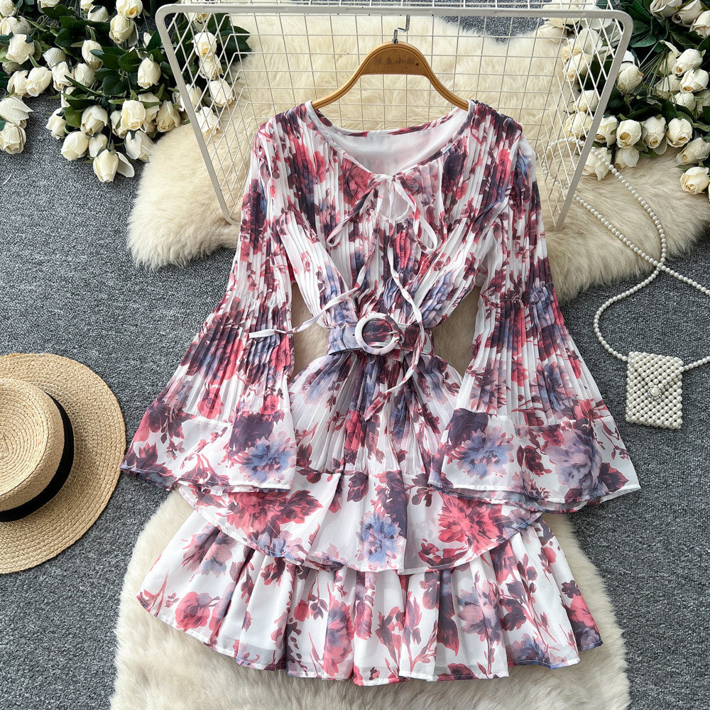 Frenchromantic style v neck strap waist floral dress female summerk-styleslimming lookruffleselegant a-line skirt