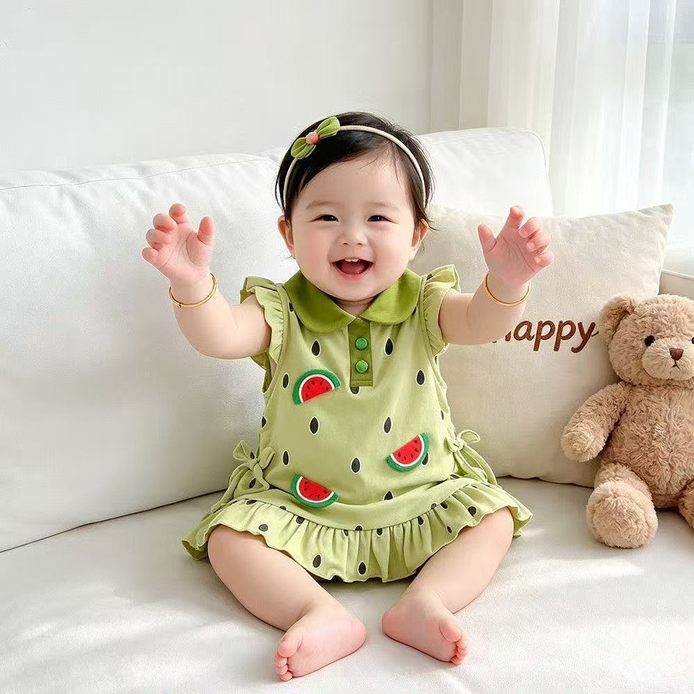 Summer outfit: adorable baby girl's set with peter pan collar and fun watermelon print - unique and stylish design